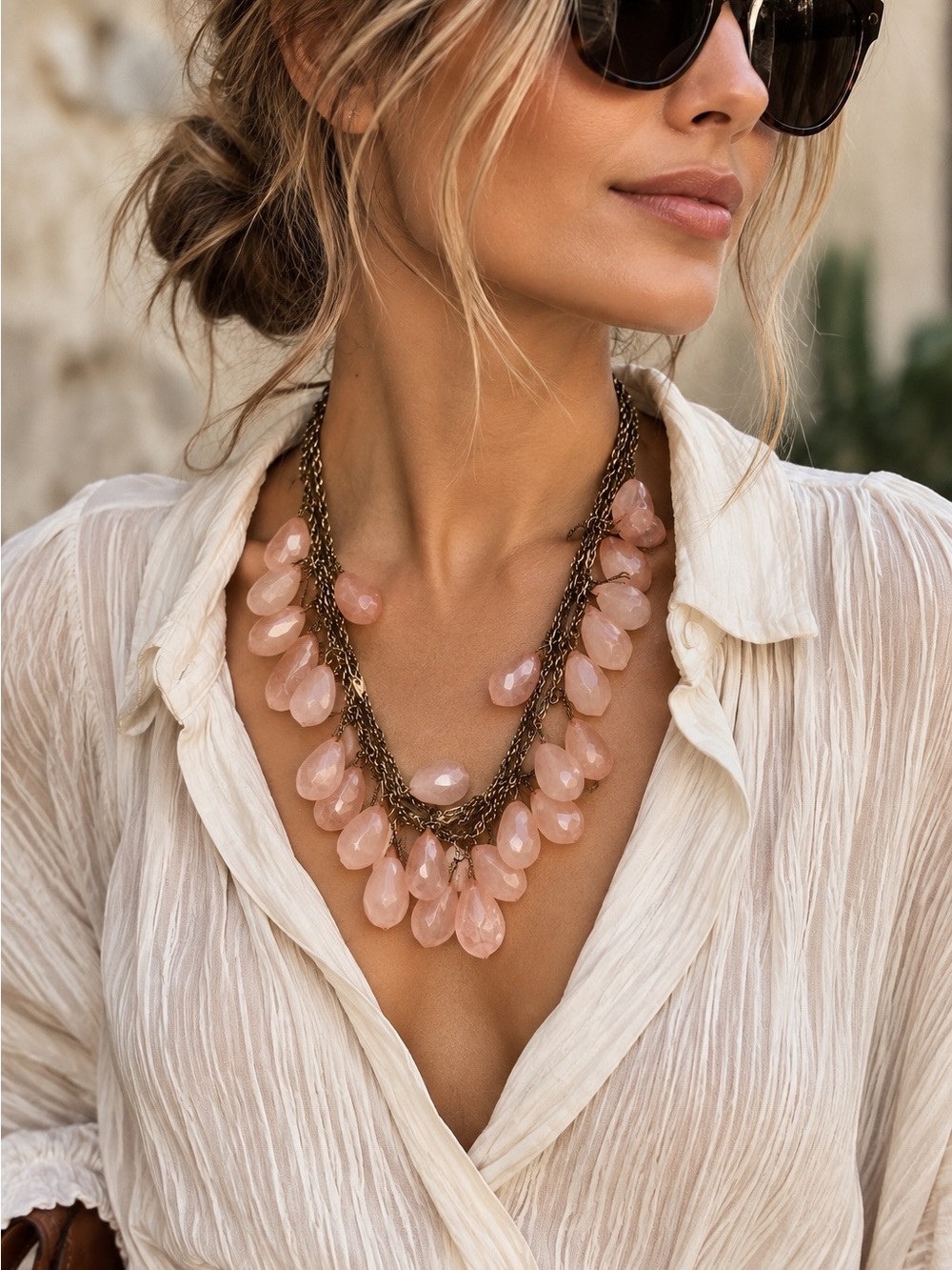 Pink Teardrop Bead Mulit-Starnd Statement Necklace